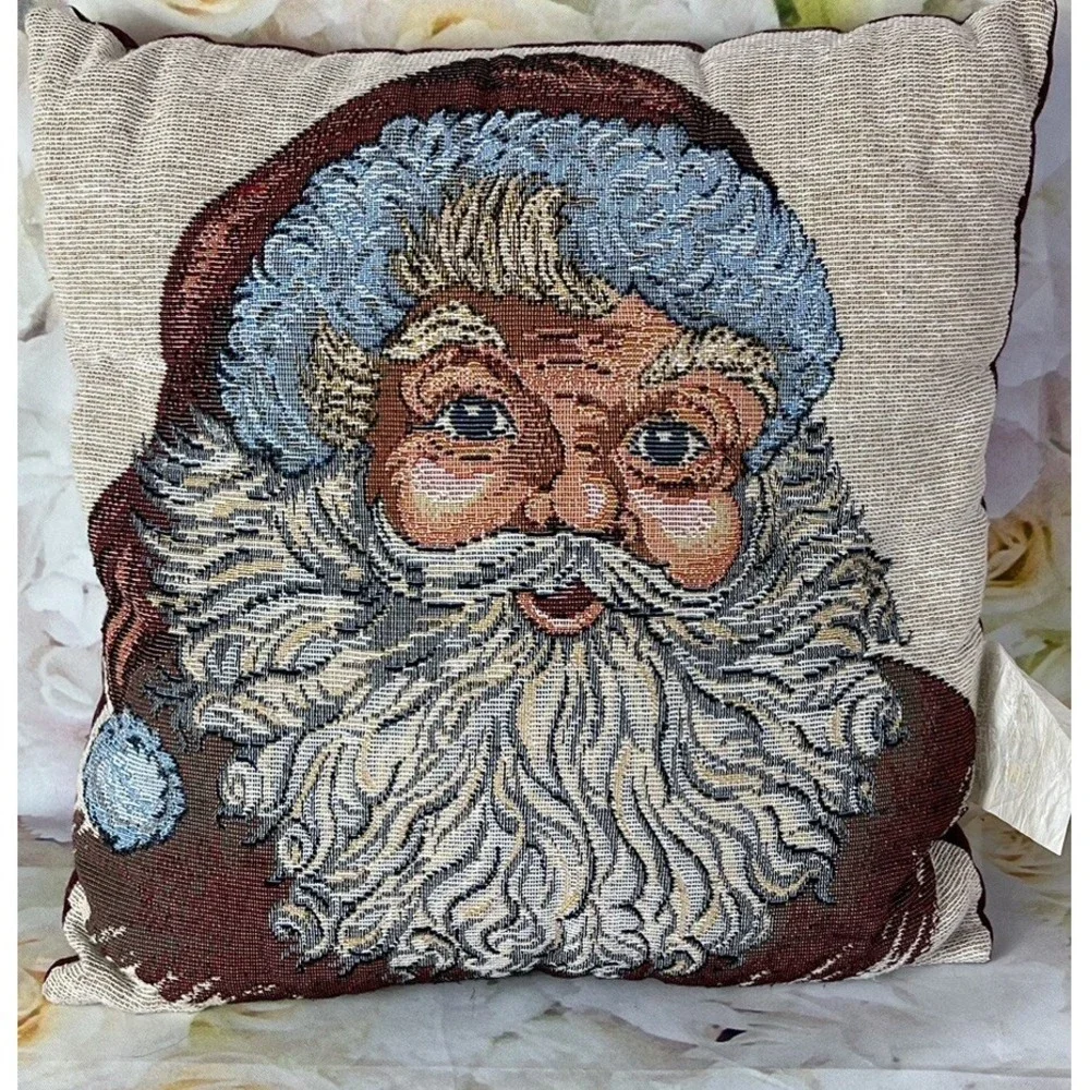 Santa Claus Throw Pillow NEEDLEPOINT Design Christmas 12x12 Vintage Made In USA